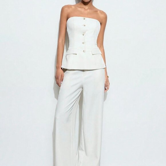 White Casual Women's Strapless Metal Button Top & Elastic Waist Pants Set - Picture 1 of 10